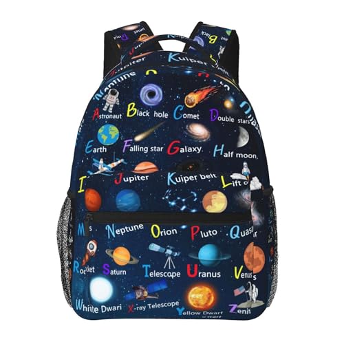English Alphabet Space School Backpack Lightweight Waterproof 16 Inch Strap Adjustable ABC Planet Star Spaceship Astronaut Rocket Backpack for Boys Girls Kids
