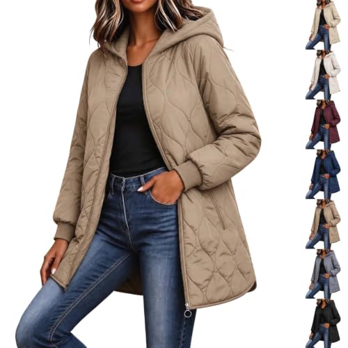 Quilted Jackets for Women Hooded Zip Up Lightweight Puffer Mid Long Coats | Puffer Jacket Womens,Casual Oversized Coat,Long Sleeve Padded Outwear,Fashion Outfits with Pockets,Fall Winter Clothes - image 1