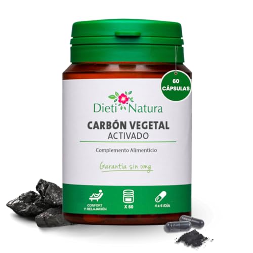 Carbón Vegetal Activado Dieti Natura - 60 Cápsulas para Alivio Natural del Malestar Digestivo - Reduce Gases, Toxinas y Flatulencia - Complemento alimenticio natural