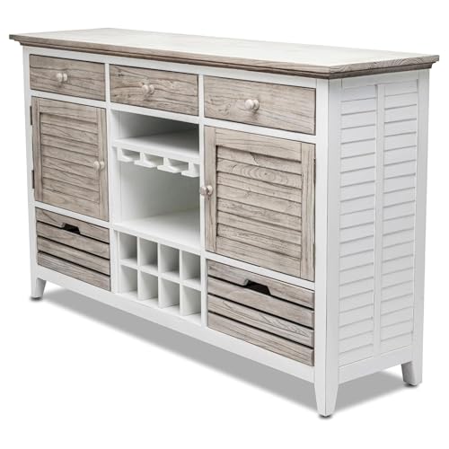 Oakestry Islamorada Sideboard with Wine Rack Solid Wood White Buffet Cabinet Dining Storage Console Farmhouse Kitchen Bar Unit Eco Friendly Versatile Durable Spacious Modern Stylish Low VOC