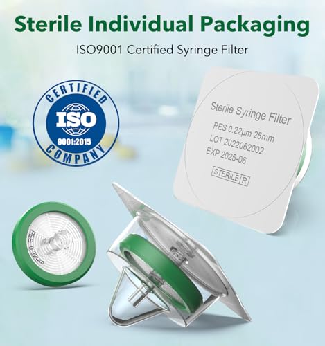Image of FOUR E'S SCIENTIFIC 50 Pack Syringe Filter, Sterile PES Syringe Filter 0.22 μm Pore Size, 25 mm Membrane Diameter, Syringe Lab Filter