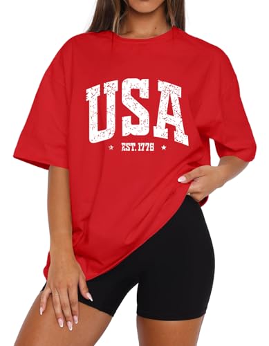 Dressmine Womens USA Oversized T-Shirts Summer Round Neck Short Sleeve Shirts Cute Print Graphic Tees