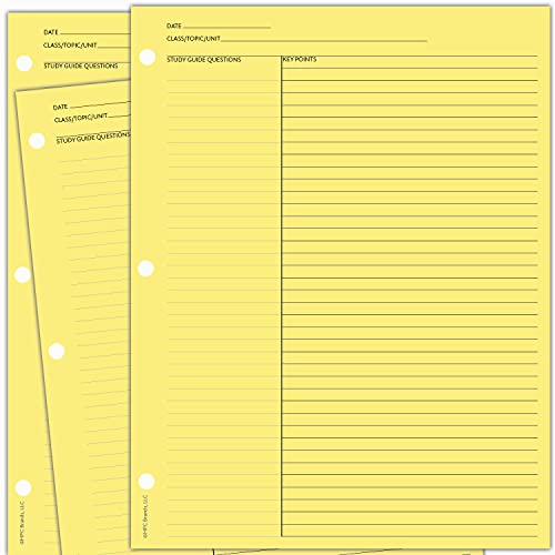 MPC Brands 50 Pack Cornell Style Study Note Taking System Sheets, White, 3 Hole Punch, Double Sided (Yellow, 50)
