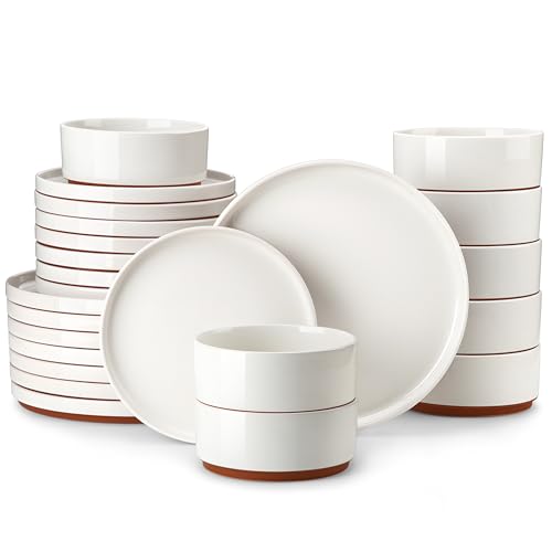 Image of MALACASA Plates and Bowls Set, 24 Piece Elegant Raised Edge Dinner Sets for 8 People, Scratch Resistant Dinnerware Sets Crockery Set, Mircowave Dishwasher Safe Dishes Set, White, Leah Series