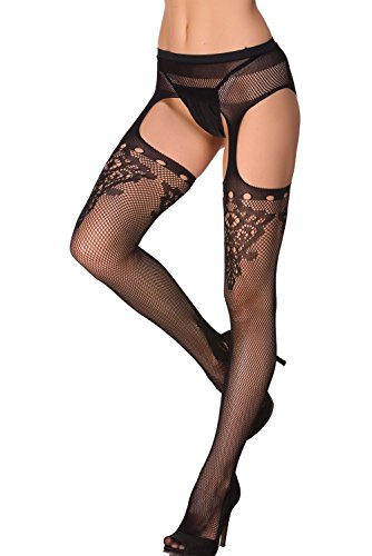 Image of Women's Floral Fishnet Stockings with Attached Garter Belt
