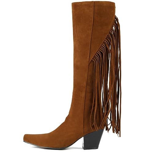 DINTAHA Fringe Suede Boots Chunky Knee High Heeled Boots Tassel