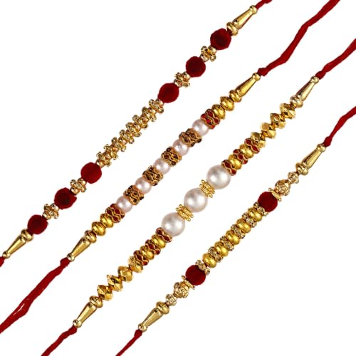Image of eCraftIndia Set of 4 Red, Golden & White Beads, Pearl, Diamond Designer Rakhis, Best Bro Ever Fridge Magnet with Roli Chawal Pack - Rakhi for Brother, Bhaiya, Bhai
