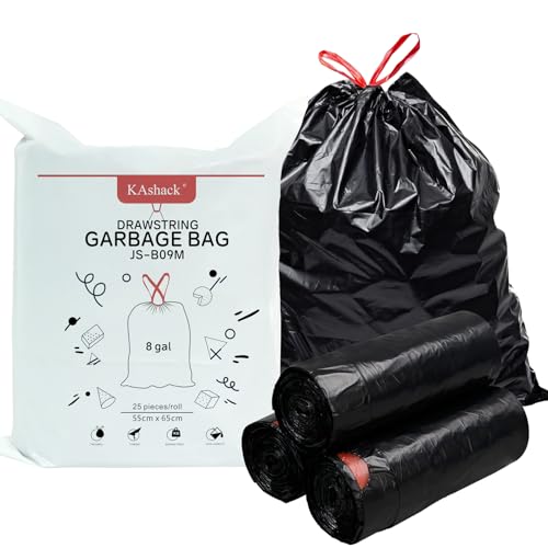 Kashack Bolsas de basura de 30 L-32 L, 6 rollos, 150 unidades, con cordón negro, para baño, cocina, dormitorio, oficina, 8 galones, resistente a desgarros, embalaje rápido