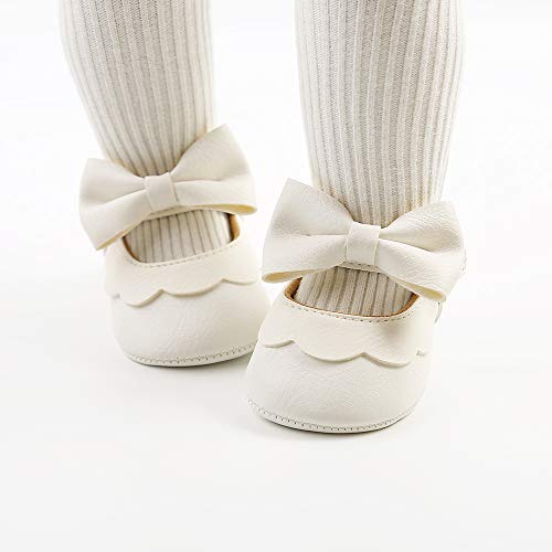 Image of Baby Girls Mary Jane Flats with Bowknot Flowers Princess Wedding Dress Ballet Shoes Non-Slip Toddler First Walkers Newborn Crib Shoes