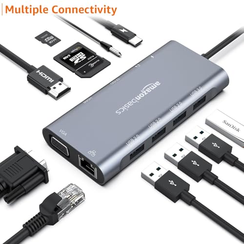 Image of Amazon Basics 11-in-1 USB C HUB Gigabit Ethernet Type-C to HDMI-Compatible VGA 1000M RJ45 PD 100W AUX TF Micro SD Card Reader USB 3.0 HUB Multiport Docking Station Compatible Apple MacBook M1 M2 Chip