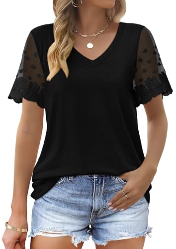 OFEEFAN Plus Size Shirts for Women Summer V Neck Tunic Tops to Hide Belly Fat Black 3XL