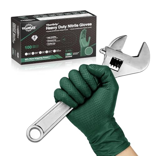 TitanFlex Heavy Duty Nitrile Gloves, 6 Mil Dark Green Raised Diamond Texture, Mechanic Disposable Gloves, Latex Free