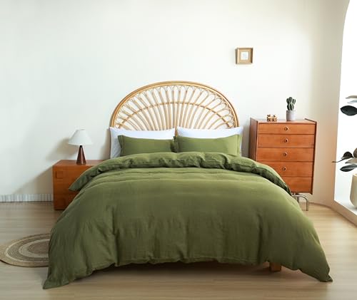 AORISSI 100% French Flax Linen Duvet Cover Set, Queen Size 88''x92'' 3 Pcs with 4 Corner Ties and Button Closure, Soft and Breathable for All Season(Olive Green, Queen)