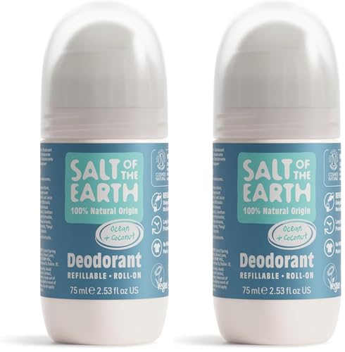 Desodorante natural en roll-on Salt Of the Earth - Océano y coco - Recargable, vegano, aprobado por Leaping Bunny, fabricado en el Reino Unido - 75ml (Paquete de 2)