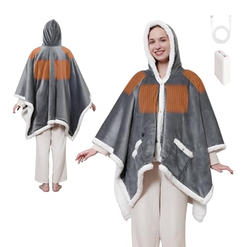 Sealy Heated Throw Blanket Wearable Battery Operated, Cordless Portable Electric Blanket Wrap Poncho with Power Bank, Rechargeable Outdoor Heated Shawl 3 Heating Level, Machine Washable, Grey