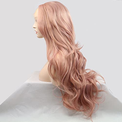 Xiweiya Wigs Peach Red Long Body Wave Wig Rose Pink Synthetic Lace Front Wig 150%-180% Density With Heat Resistant Fiber Natural Wavy For Women Daily Wear Cosplay Makeup Party #TOP3