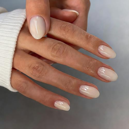KXAMELIE Oval Press on Nails Short, 32 Pcs 16 Sizes Creamy Beige Fake Nails Press ons, Glossy Soft Gel Full Cover Glue on Nails with Glue, Short Almond Nail for Women at Home Manicure