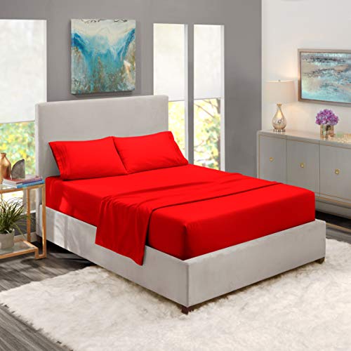 Image of Nestl King Bed Sheet Set - Red - 4-Piece Deep Pocket | Instantly Soft, Night-One Ready (No Wash Required). Fits 16-Inch Deep Pockets, 360-Degree Elastic Grip