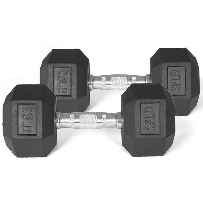 Titan Fitness 25 LB Pair Rubber Coated Hex Dumbbells, Roll-Resistant Hexagonal Free Weights, Chrome-Coated Handles with Knurling, Strength Training Equipment