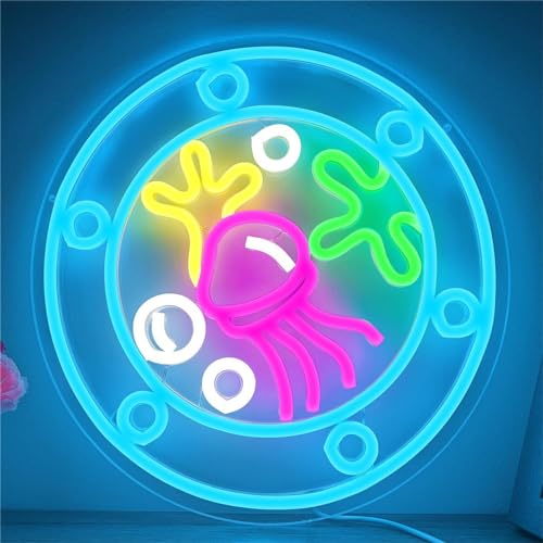 Ocean World Porthole Neon Sign Dimmable Led Under Sea Porthole Neon Light Sign Jellyfish Neon Room Sign Light Up Signs for Wall Decor Game Room Party Bedroom Decor Birthday Gift