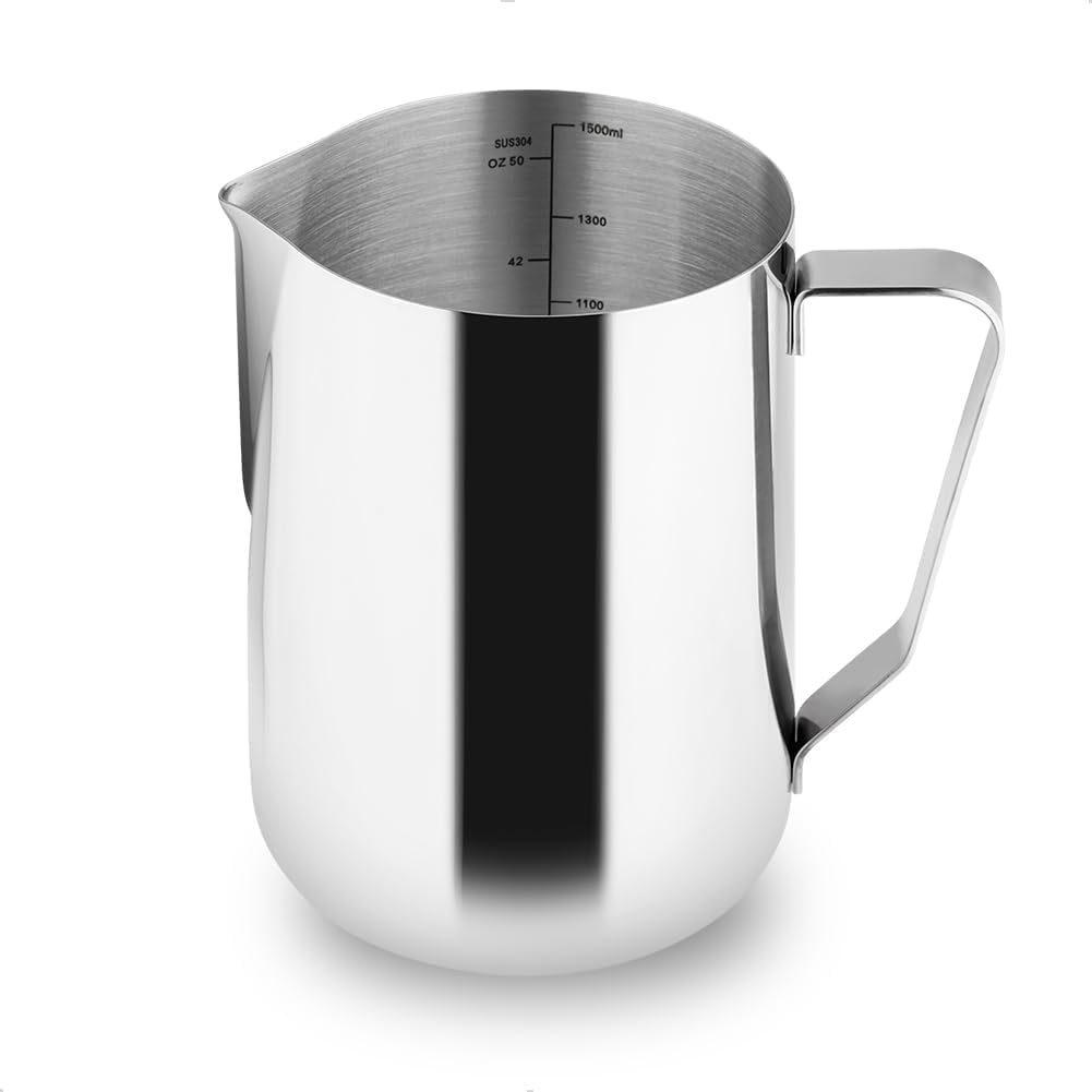 watchget Milk Frothing Pitcher 52oz/1500ml - Stainless Steel Espresso Steaming Pitcher for Cappuccino, Latte Art, Coffee Machine Accessories Milk Jug Frother Cup, Silver