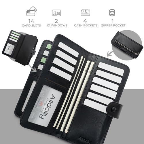 RFID Blocking Leather Wallet for Women, Slim Trifold with 14 Card Slots and Zipper Pocket (Black)2