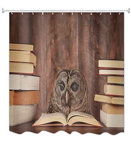 A.Monamour Tenda da Doccia Impermeabile In Poliestere Tessuto Carta Da Parati Vintage Con Tavole Di Legno Gufo Dagli Occhiali Che Legge Libri Divertenti Antimuffa Tenda della Vasca da Bagno