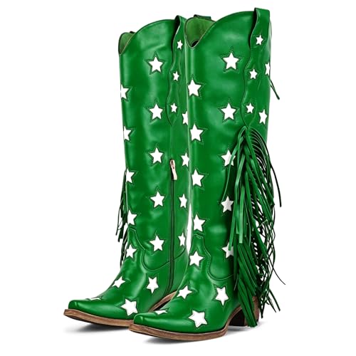 Image of richealnini Western Thigh High Cowboy Boots with Fringe Over Knee Wide Calf Cowgirl Boots