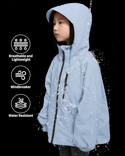Image of Rolanko Girls Rain Jacket Lightweight Waterproof Hooded Kids Raincoat 6-16 | Kids Windbreaker, Water-Repellent, Sealed Zip Pockets, Reflective Strips, Extended Hood, Outdoor, School Daily, Travel