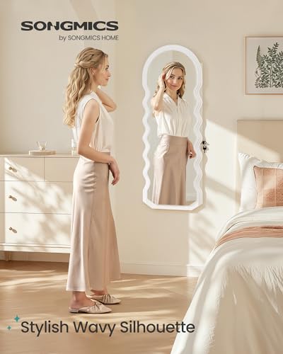 Image of SONGMICS Mirror Jewelry Cabinet Wall Mounted Over the Door, Hanging LED Jewelry Organizer, Lockable Wavy Wide Mirror with Storage, Interior Lights, 3.9 x 16.5 x 42.5 Inches, White UJJC031W01