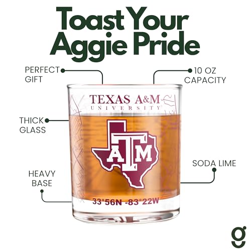 Image of Greenline Goods University of Texas A&M Aggies Whiskey Glasses Set of 2, 10 oz Rocks Glasses with Full-Color Logo & Campus Map - Officially Licensed Bourbon Glass Gift for Alumni & Fans