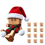 Weihnachtsmann mit Hut und Schal, Schüttelfigur aus Holz für das Armaturenbrett, handgefertigte Shak Feet Holzpuppe, lustiges Auto-Armaturenbrett-Zubehör, Geschenk mit 12 magnetischen Ausdrücken