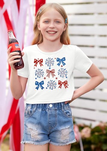 Image of BesserBay Kids Girls 4th of July Crop Tops American Flag Red White Blue Patriotic Bows USA Flag T-Shirts 6-14 Years