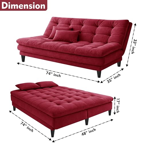 Image of Modern 3 Seater Sofa Cum Bed | Tufted Backrest | Velevt Fabric Upholstery | Living Room Furniture-Red