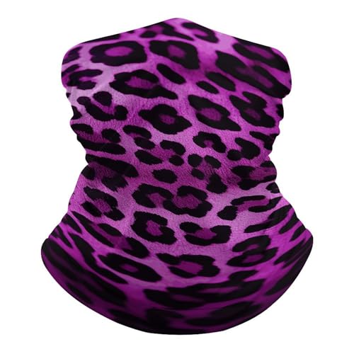 Cubrebocas tipo cuello transpirable a prueba de viento, color morado con estampado de leopardo, protección solar, máscara antipolvo, pasamontañas y bandana para cabeza para hombres y mujeres