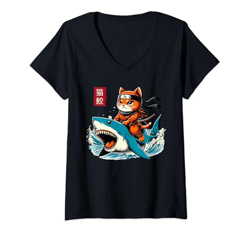 Donna cute retro samurai cat ninja japanese cat shark kanagawa maglietta con collo a v