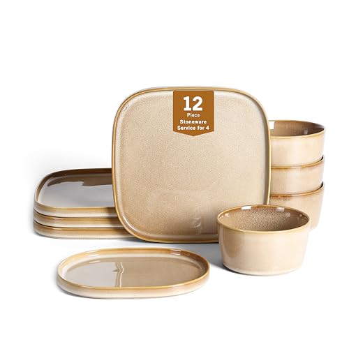 Image of Stone Lain Cairo 12-Piece Dinnerware Set Stoneware, Plates and Bowls Set, Microwave and Dishwasher Safe, Includes Dinner and Salad Plates, Cereal Bowls, Dishes for 4, Sand