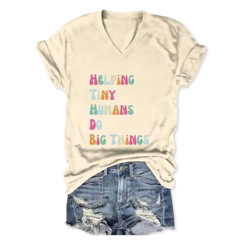 PUGIAF Helping Tiny Humans Do Big Things Sped Teacher Shirt, Womens Short Sleeve V-Neck Graphic Tees Summer Tops Beige