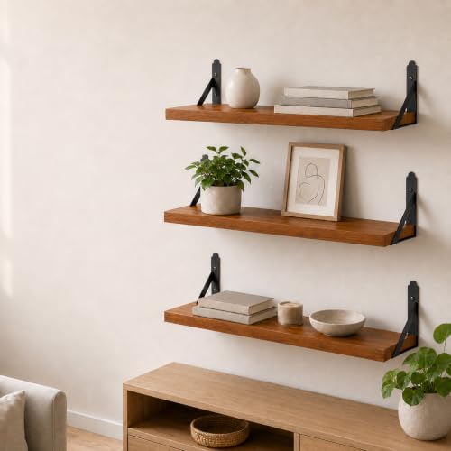 Image of Decazone Floating Shelves for Wall Storage - Set of 3, MDF Board Bookshelves for Living Room, Bedroom, Kitchen & Office - Sturdy Wall-Mounted Display for Bookcase & Decor (Brown, Wide- 24 inch Inch)