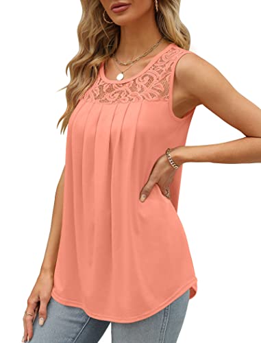 Image of Saloogoe Summer Tank Tops for Women Loose Fit Pleated Tunics Scoop Neck Sleeveless Lace Tops Curved Hem Flowy