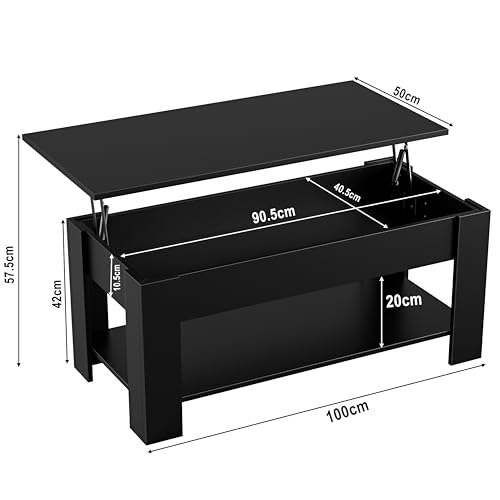 Blisswood Coffee Table With Storage, Lift Up Coffee Tables for Living Room, Wooden Coffee Table With 1 Shelf Large Hidden Storage Modern Rectangular Sofa End Lift-Top Tea Table Furniture (Black) - Image 3