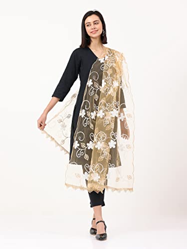 Petrichor Women's Fashion Designer Net Dupatta Scarf (Length: 2.2 meters, Made in India, Colour : Golden)2