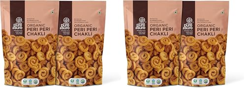 Image of Pure & Sure Organic Peri Peri Chakli Snack 300gm | Delicious Crunchy Namkeen & Snacks | Ready to Eat Tea Time Snacks, Cholesterol Free, No Trans Fats, No Preservatives| 150gm each (Pack of 4)