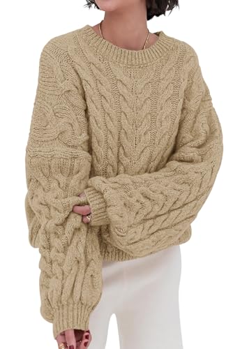Image of PRETTYGARDEN Womens Sweaters Spring 2026 Cable Knit Long Sleeve Crewneck Oversized Sweater Chunky Pullover Loose Outfits
