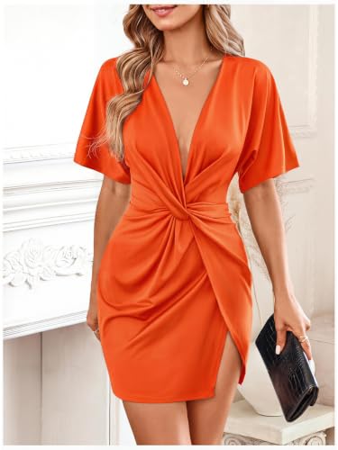 Image of Floerns Women's Deep V Neck Twisted Plunging High Slit Mini Party Dress