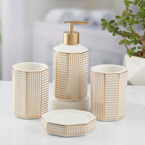 Image of SaSaSa Ceramic Bathroom Accessories Set of 4 Modern Bath Set with Soap Dispenser & Toothbrush Holder, Luxury Home & Gift Idea, White /Gold (10388)