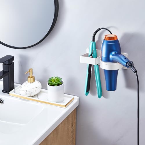 YYBO Fönhalter Ohne Bohren, Glätteisen Halterung, Föhn Halterung für Haartrockner und Glätteisen, Föhnhalter Wand, Haartrocknerhalter Wandhalterung, Selbstklebend Fönhalterung für Bad Hotel (Weiß) 2