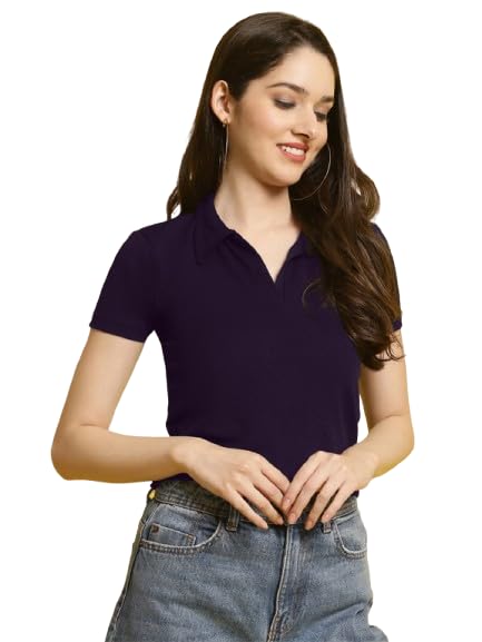 Image of Pinkmint Women's Solid Cotton Collar Neck Top ll Lycra Crop Tank T-Shirt ll Korean Trendy Half Sleeve ll Stylish Collared T-Shirt (Pack of 1)