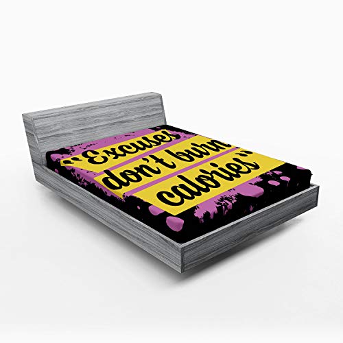 ABAKUHAUS Fitness Fitted Sheet, Gym Motivation Modern, Soft Decorative Fabric Bedding All-Round Elastic Pocket, 140 x 200 cm, Lilac Yellow Black