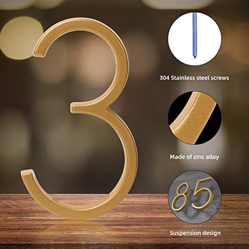Floating House Number Modern House Numbers 5 Inch, Deamos Zinc Alloy Home Address Number For House With Reflective Finish Gold Floating Mount Or Flush Mount Zinc Alloy [Number 3] #TOP4